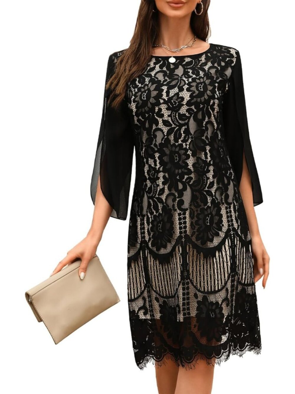 Women's Black Apricot Sequins Stylish Wedding Cocktail & Formal Lace Dresses